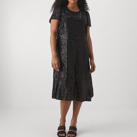 NWT MICHAEL Michael kors sequin stripe midi cocktail/party black dress Size 14 - Picture 2 of 7